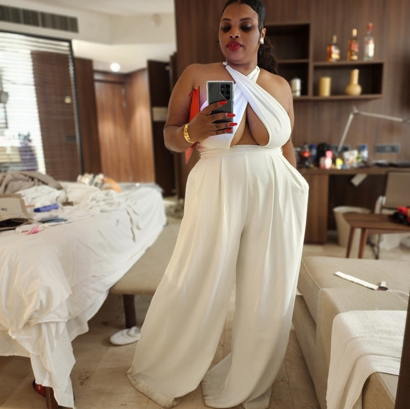 ASOS Edition white criss-cross front/halter jumpsuit with sash tie - Picture 9 of 9